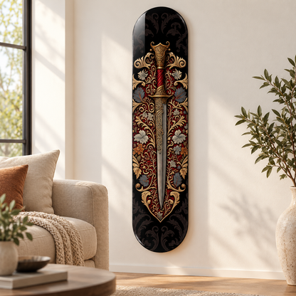 Bordo Altın Süslemeli Hançer Dikey Skate Board Cam Tablo – Salon