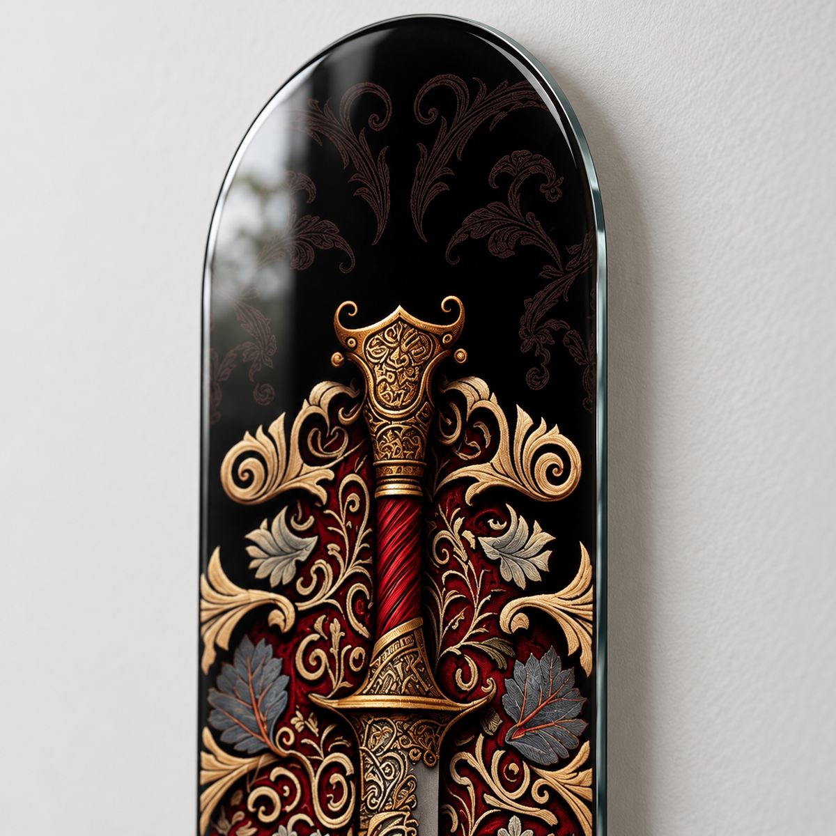 Bordo Altın Süslemeli Hançer Dikey Skate Board Cam Tablo – 4 mm yuvarlatılmış kenar