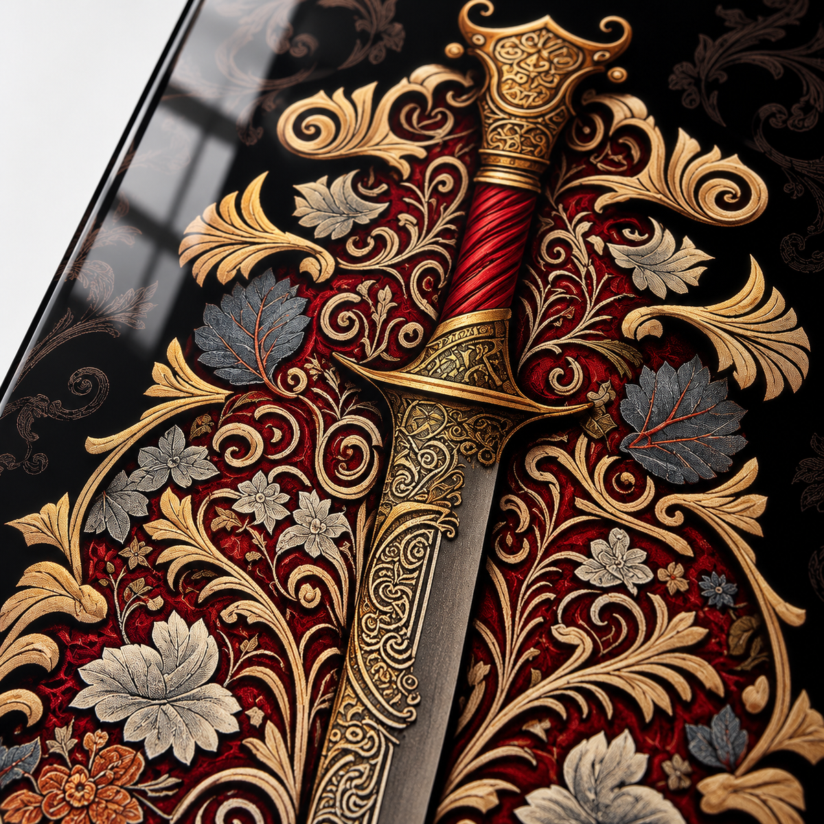 Bordo Altın Süslemeli Hançer Dikey Skate Board Cam Tablo – UV baskı detayı