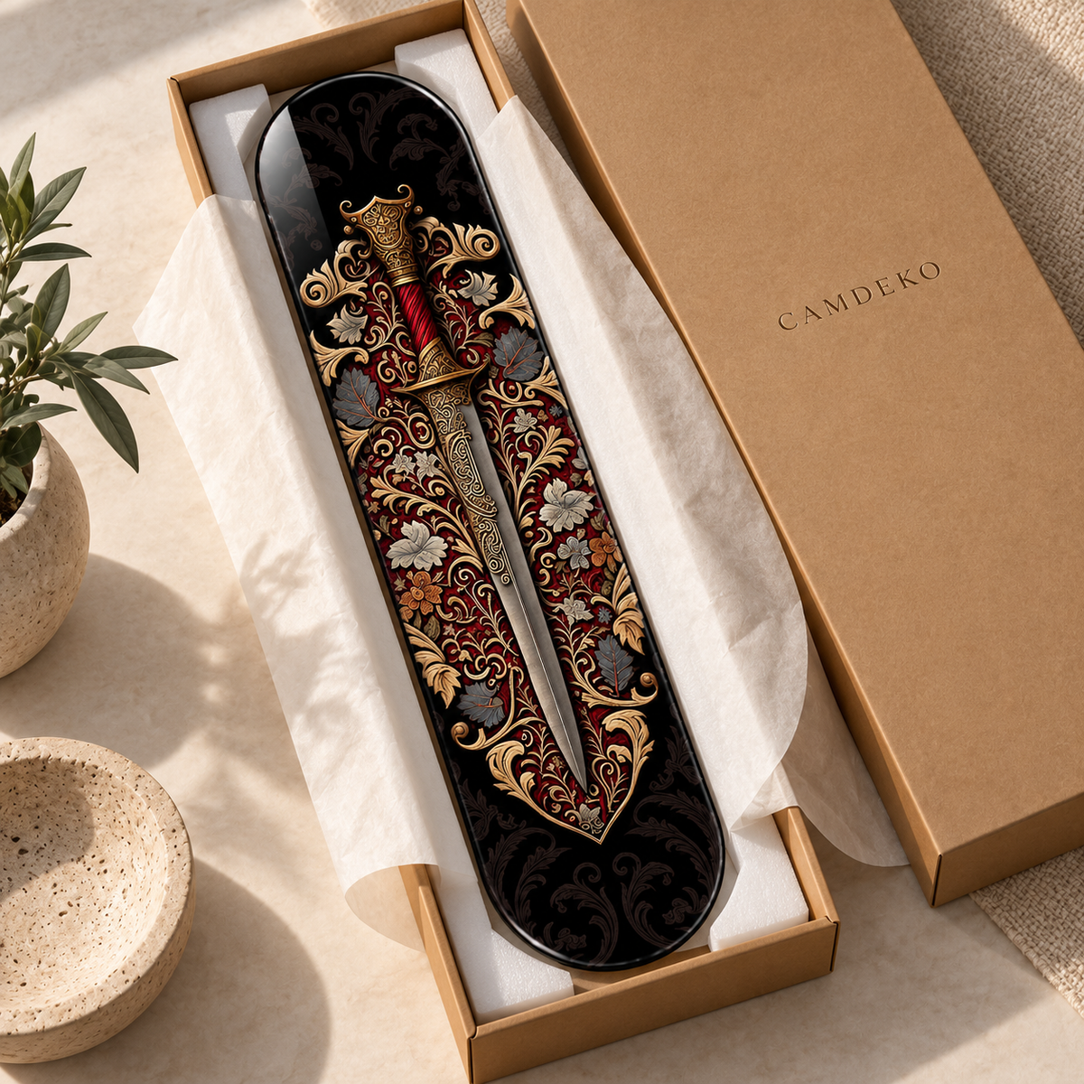 Bordo Altın Süslemeli Hançer Dikey Skate Board Cam Tablo – CAMDEKO ambalajı