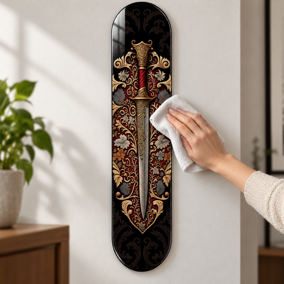 Bordo Altın Süslemeli Hançer Dikey Skate Board Cam Tablo – Mikrofiber temizlik