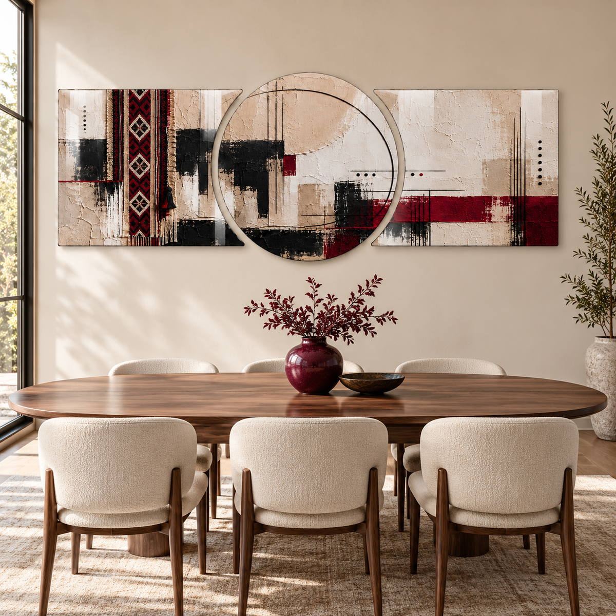 Bordo ve Bej Kilim Desenli Şekilli Kesim Cam Tablo — Yemek odası