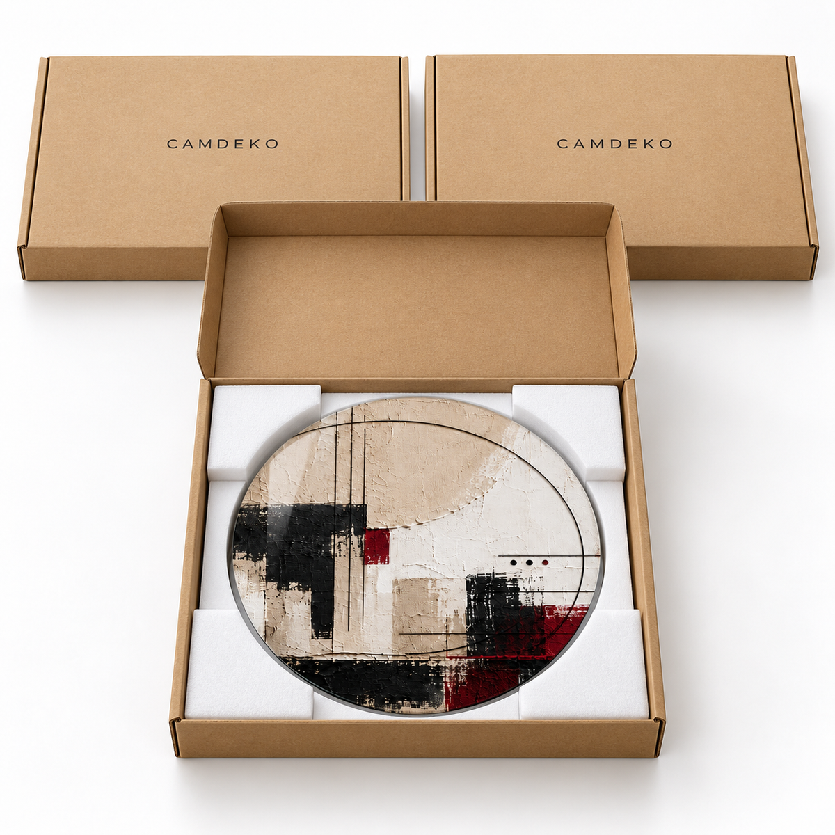 Bordo ve Bej Kilim Desenli Şekilli Kesim Cam Tablo — Koruyucu paketleme