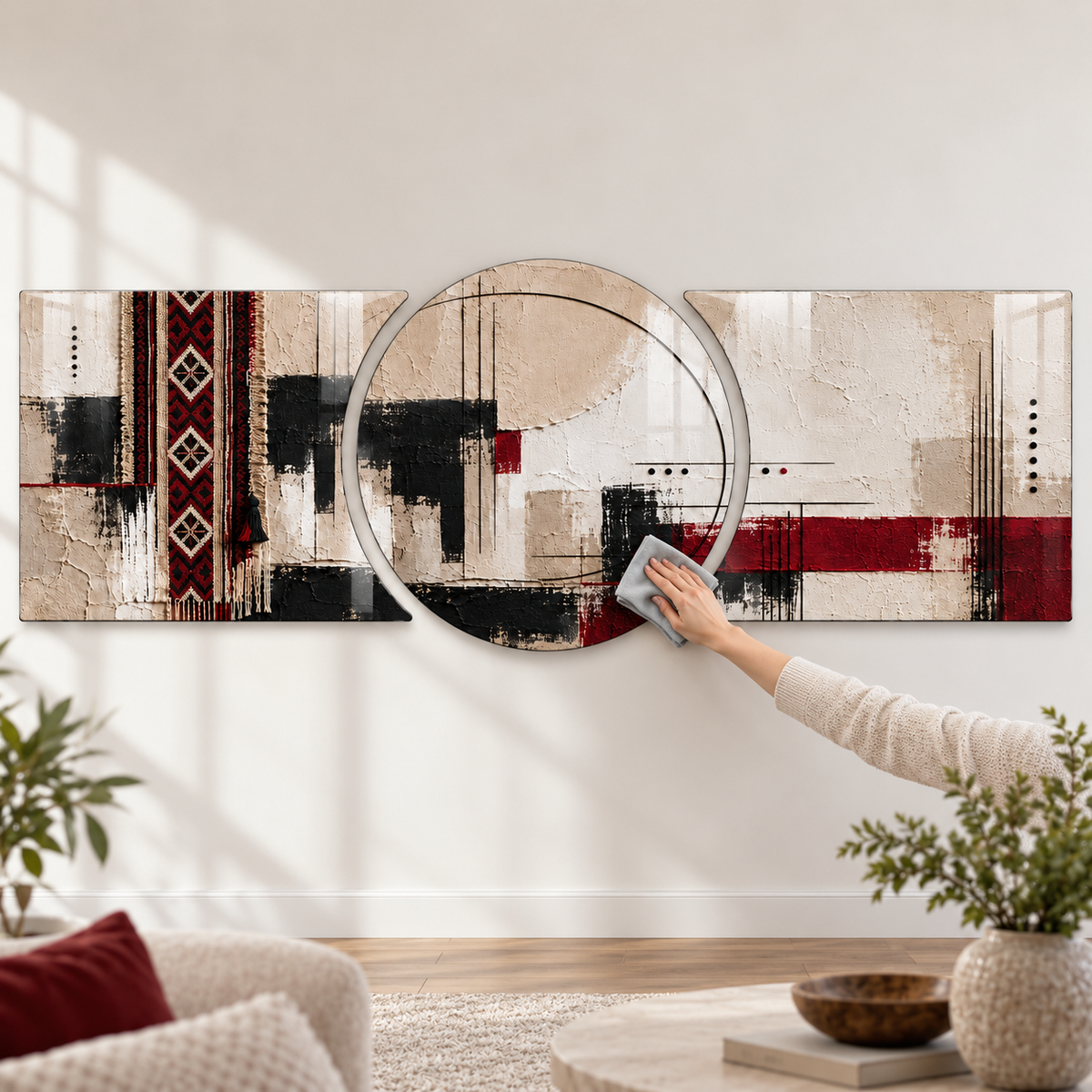 Bordo ve Bej Kilim Desenli Şekilli Kesim Cam Tablo — Kolay temizlik