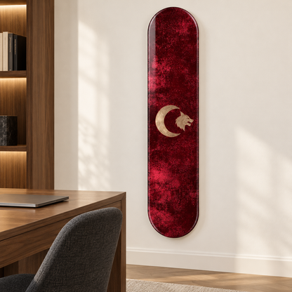 Bordo Zeminde Hilal ve Bozkurt Dikey Skate Board Cam Tablo – Çalışma odasında görünüm