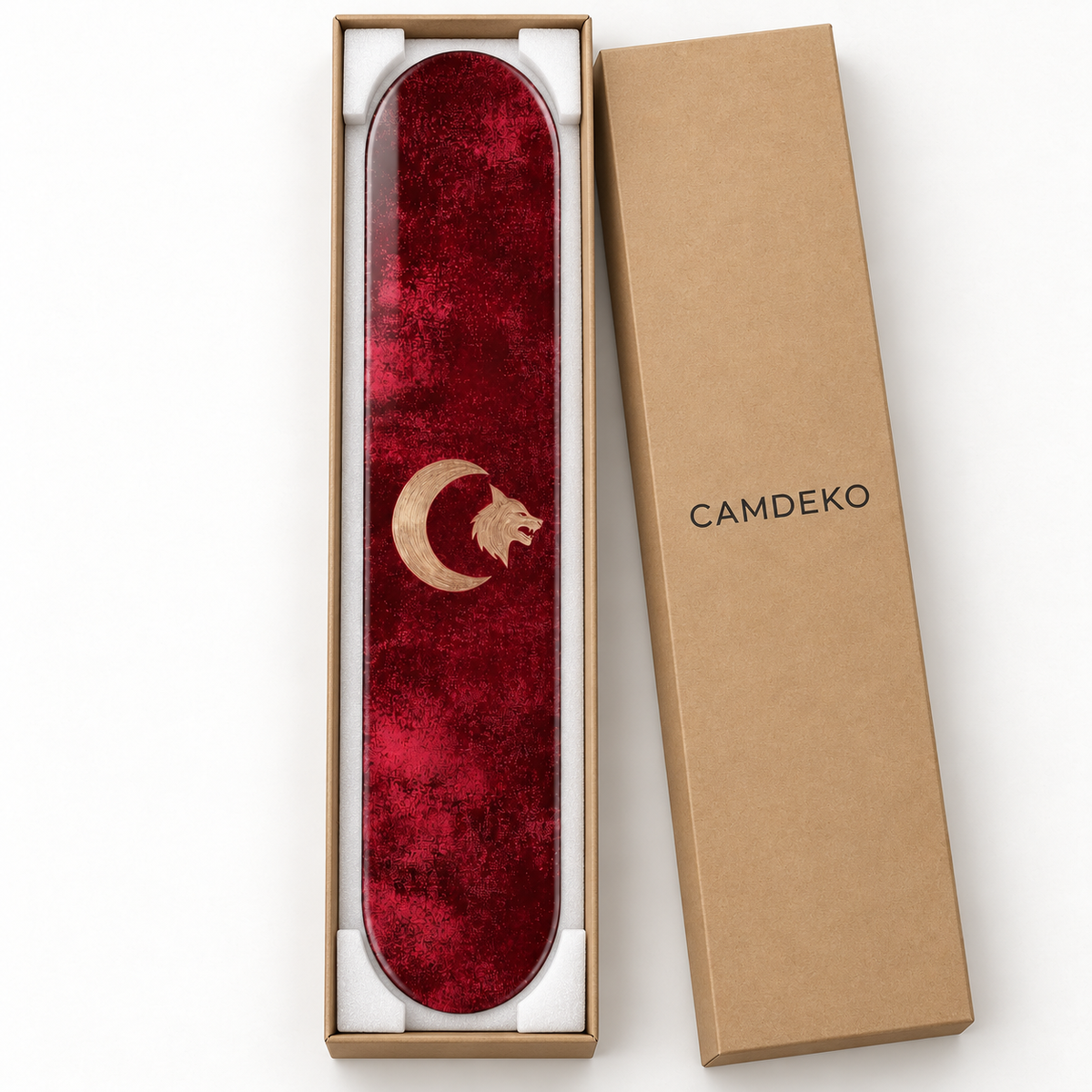 Bordo Zeminde Hilal ve Bozkurt Dikey Skate Board Cam Tablo – CAMDEKO ambalajı