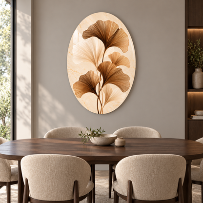 Bronz ve Fildişi Ginkgo Yaprakları Dikey Oval Cam Tablo - Yemek odası
