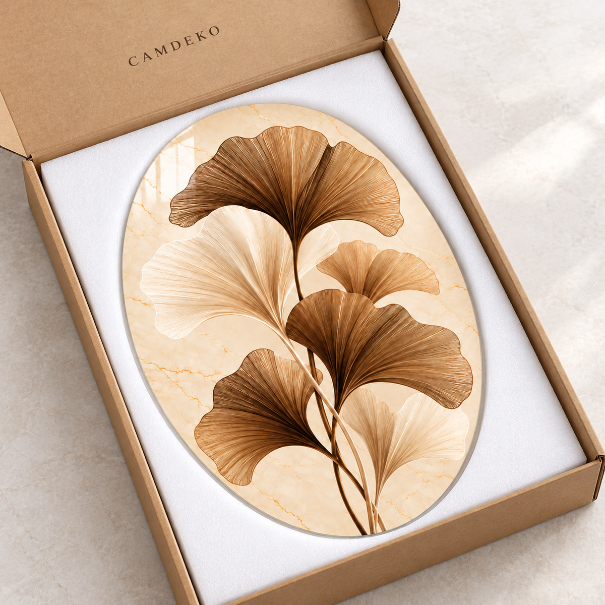 Bronz ve Fildişi Ginkgo Yaprakları Dikey Oval Cam Tablo - Koruyucu paketleme