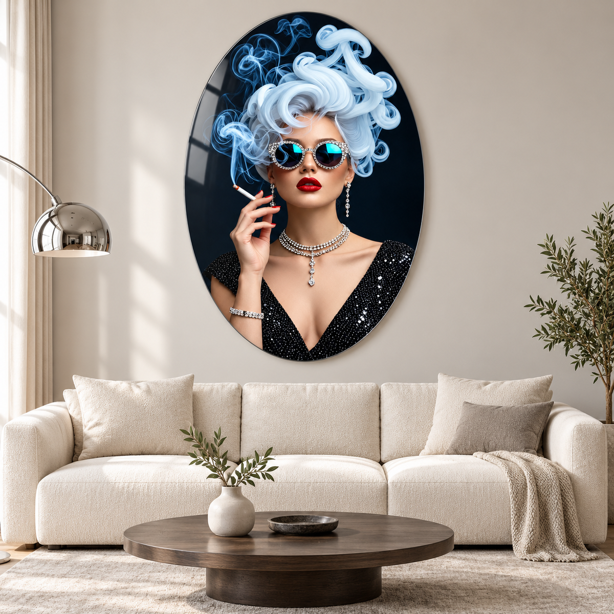 Buz Mavisi Saçlı Kadın Portresi Dikey Oval Cam Tablo - Premium salon