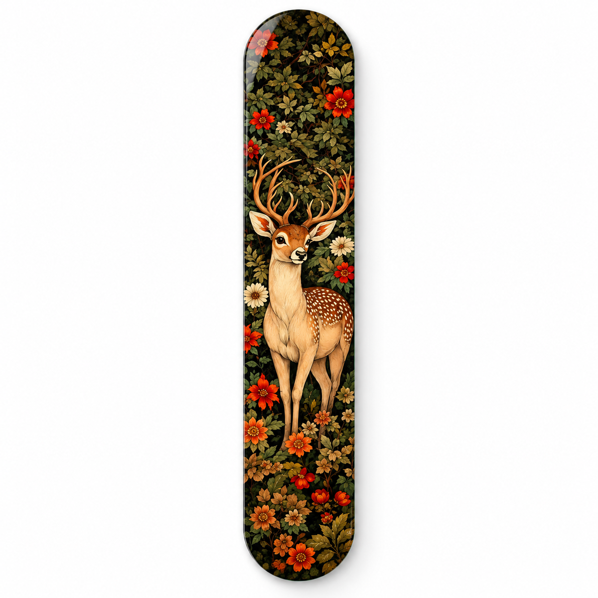 Çiçekler Arasında Geyik Dikey Skate Board Cam Tablo – Beyaz fonda ön görünüm