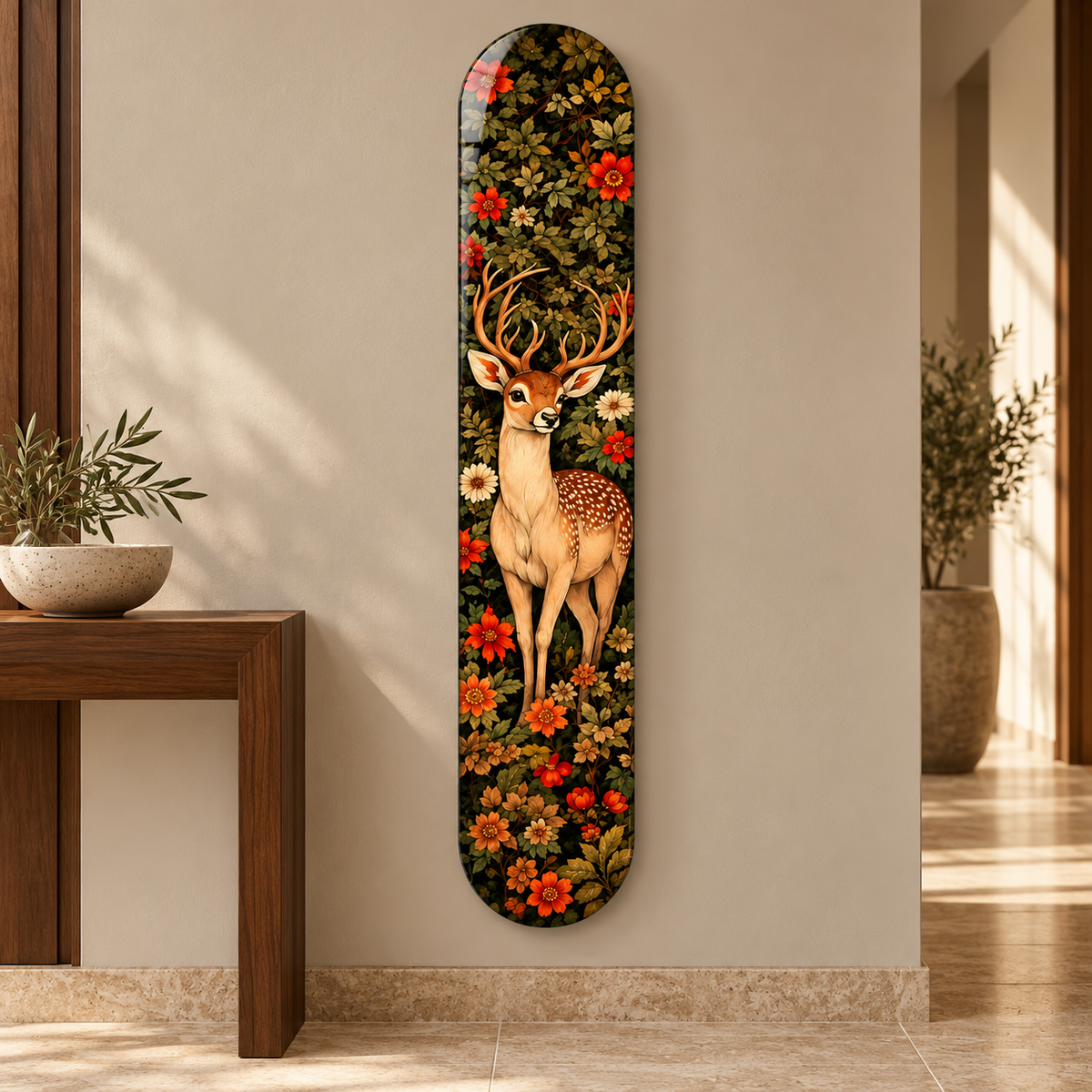 Çiçekler Arasında Geyik Dikey Skate Board Cam Tablo – Antrede görünüm