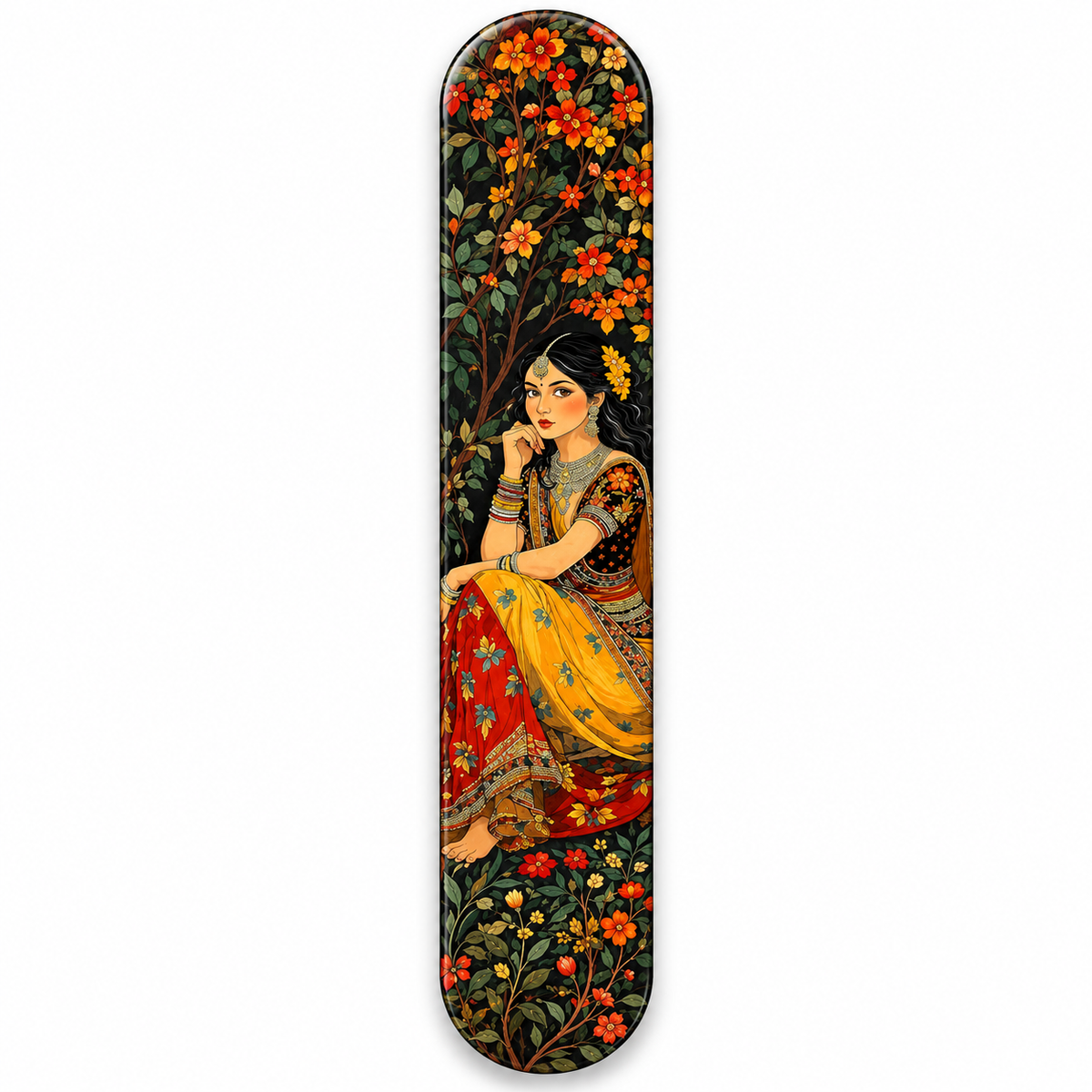 Çiçekler Arasında Sarı Elbiseli Kadın Dikey Skate Board Cam Tablo – Beyaz fonda ön görünüm