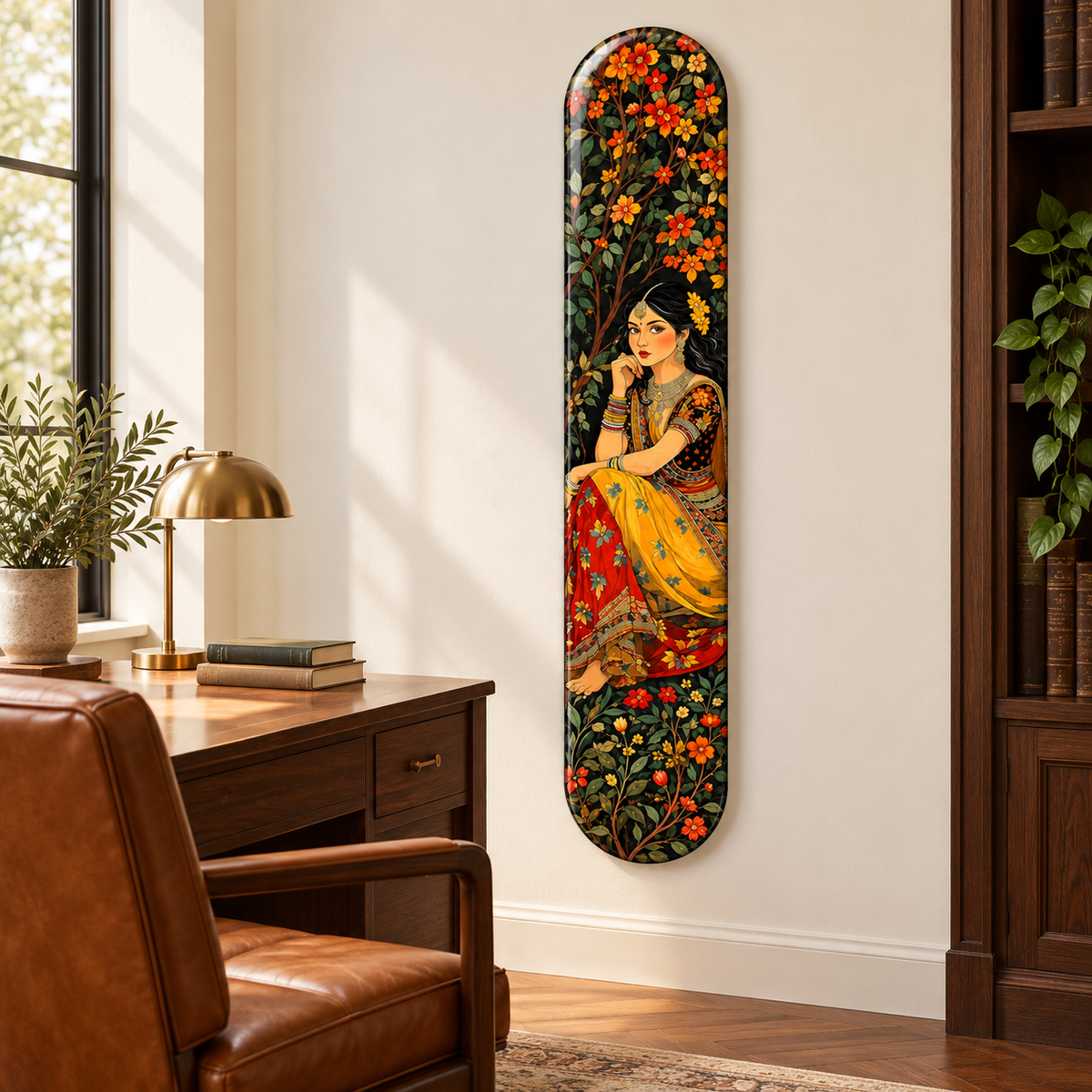 Çiçekler Arasında Sarı Elbiseli Kadın Dikey Skate Board Cam Tablo – Çalışma odasında görünüm