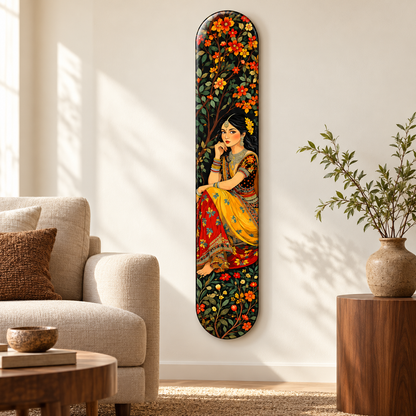 Çiçekler Arasında Sarı Elbiseli Kadın Dikey Skate Board Cam Tablo – Salonda görünüm