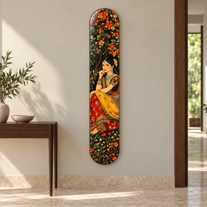 Çiçekler Arasında Sarı Elbiseli Kadın Dikey Skate Board Cam Tablo – Antrede görünüm