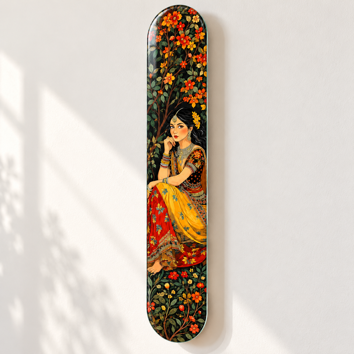 Çiçekler Arasında Sarı Elbiseli Kadın Dikey Skate Board Cam Tablo – Duvar mesafesi