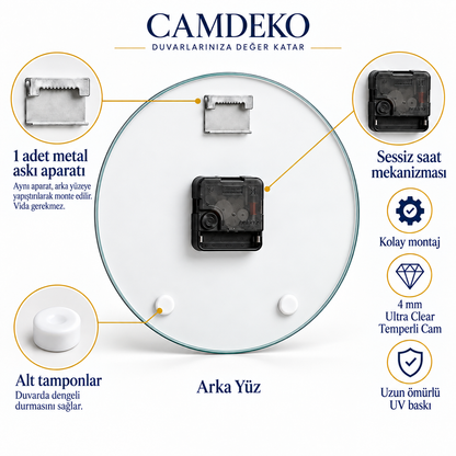 CAMDEKO standart saat arka detayı: yapıştırmalı metal askı aparatı, sessiz saat mekanizması ve iki beyaz denge tamponu