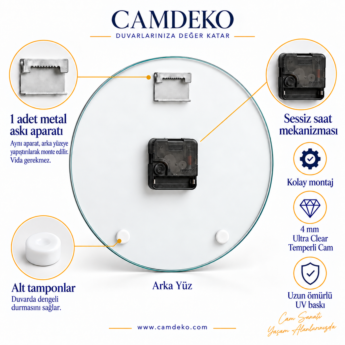 CAMDEKO standart saat arka detayı: doğru yapıştırmalı metal askı aparatı, sessiz mekanizma ve iki beyaz denge tamponu