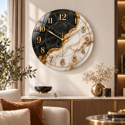 Siyah beyaz mermer desenli gold cam duvar saatinin modern salonda görünümü