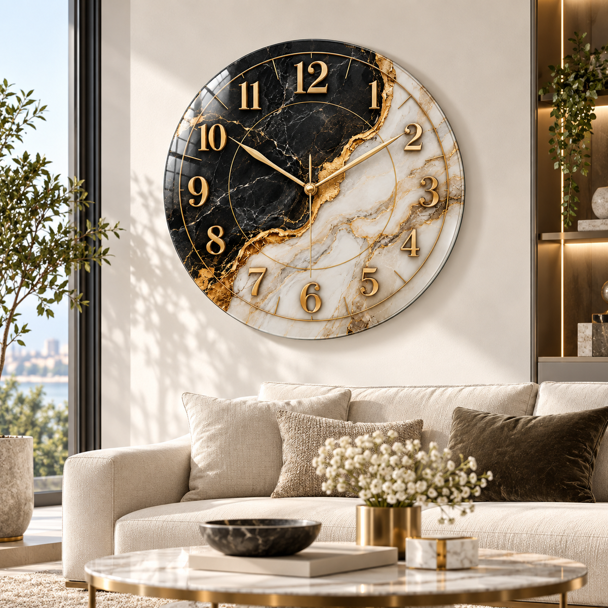 Siyah beyaz mermer desenli gold cam duvar saatinin farklı yaşam alanında görünümü