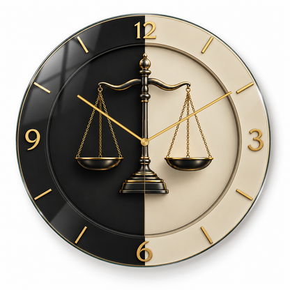 Siyah bej adalet terazisi desenli cam duvar saati; düz altın renkli akrep, yelkovan ve saniye koluyla beyaz zemin vitrin görünümü