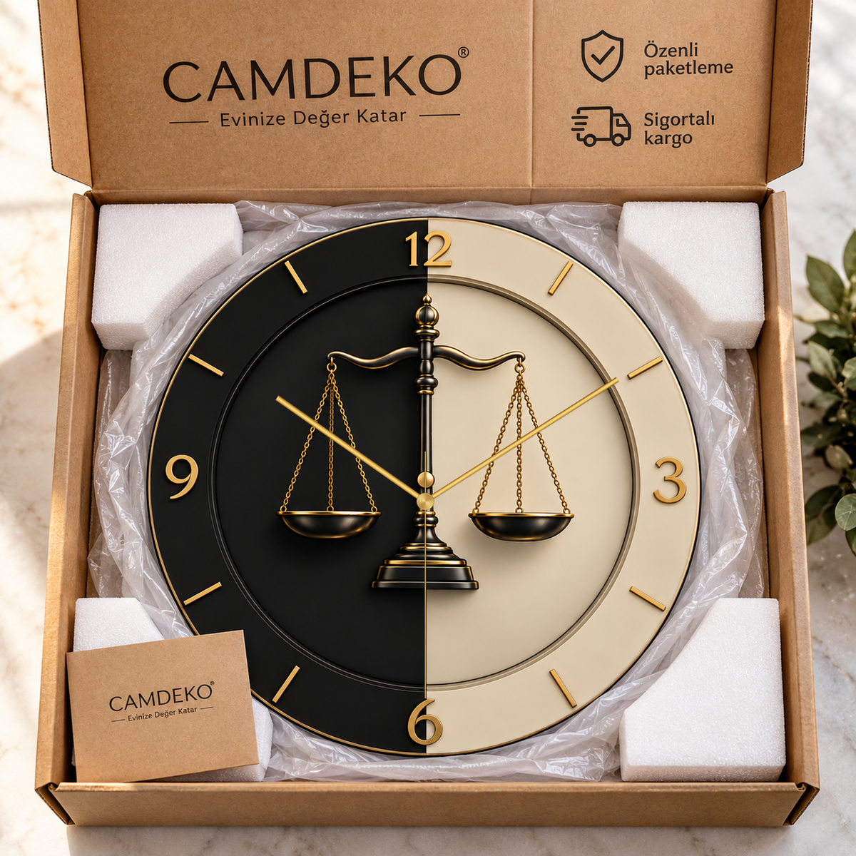 Adalet terazisi desenli cam saatin CAMDEKO kraft kutuda beyaz köşe koruyucularla paketlenmesi
