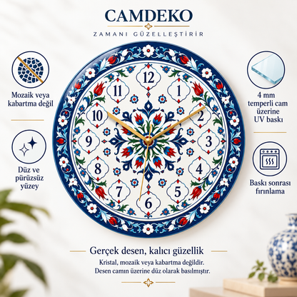 İznik desenli görünümün düz cam UV baskı olduğu; mozaik veya kabartma olmadığı ve baskı sonrası fırınlandığı teknik açıklama