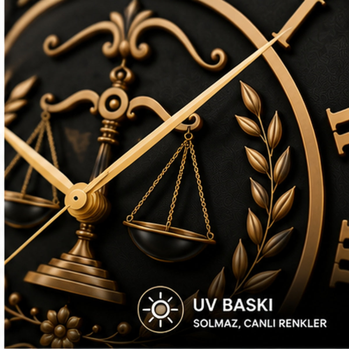 Siyah gold adalet terazisi saat düz cam UV baskı detayı