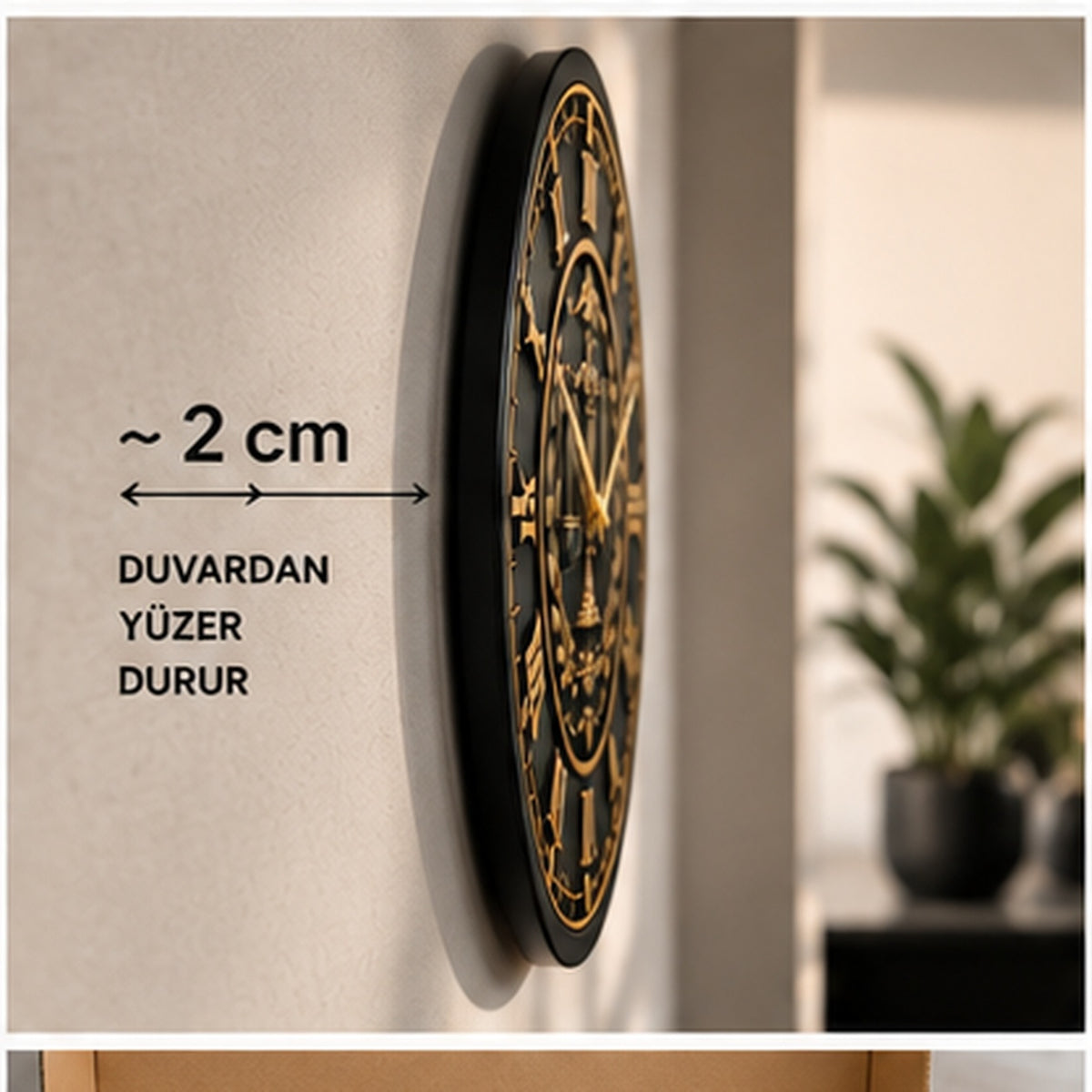 Cam duvar saatinin duvardan yaklaşık 2 cm yüzer görünümü