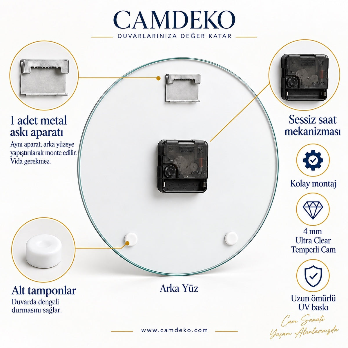 CAMDEKO standart saat arka yüzü tek metal askı aparatı sessiz mekanizma ve iki beyaz tampon