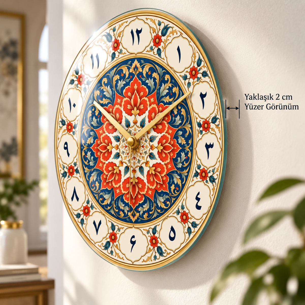 Cam duvar saatinin duvardan yaklaşık 2 cm yüzer görünümü