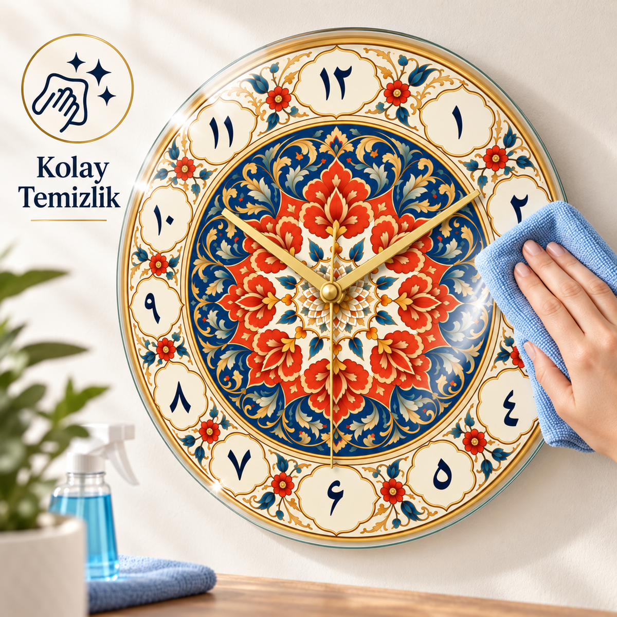 İznik desenli cam duvar saatinin mikrofiber bezle kolay temizlik detayı