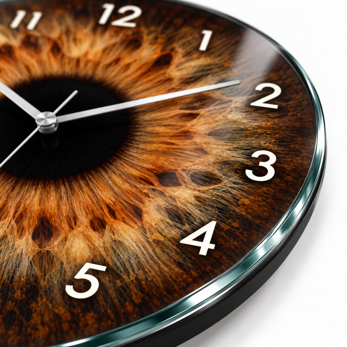 Amber iris desenli saatin yüksek çözünürlüklü UV baskı ve düz cam yüzey detayı