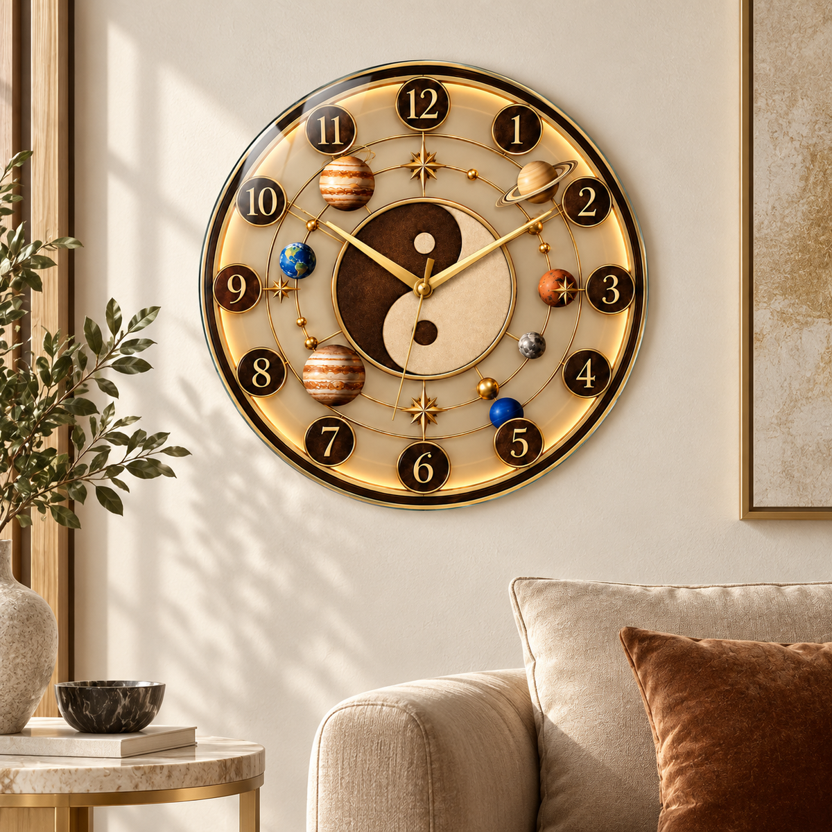 Yin Yang ve gezegen desenli gold cam duvar saatinin premium salon görünümü