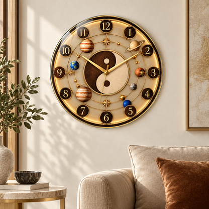Yin Yang ve gezegen desenli gold cam duvar saatinin premium salon görünümü