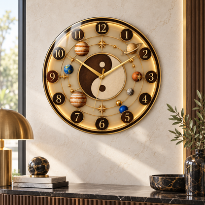 Yin Yang gezegen desenli cam duvar saatinin farklı premium mekân görünümü