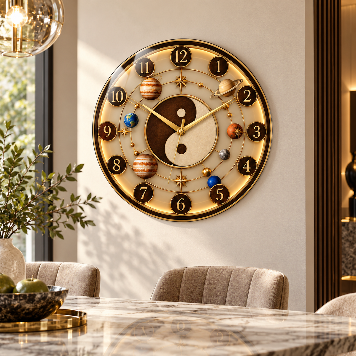 Yin Yang gezegen desenli gold cam duvar saati alternatif premium yemek odası görünümü