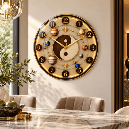 Yin Yang gezegen desenli gold cam duvar saati alternatif premium yemek odası görünümü