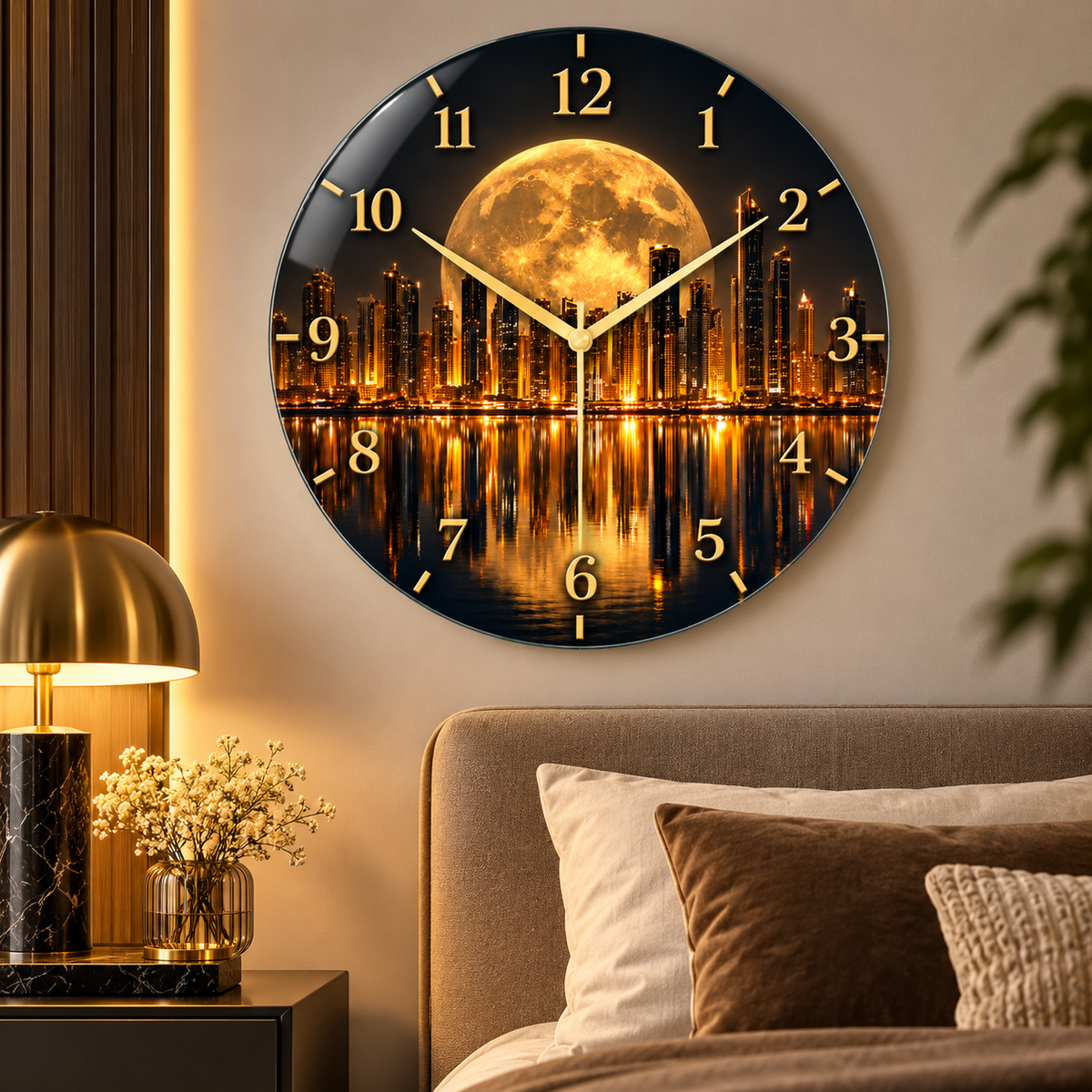 Gold ay ve gece şehir manzaralı cam duvar saati alternatif premium mekân görünümü