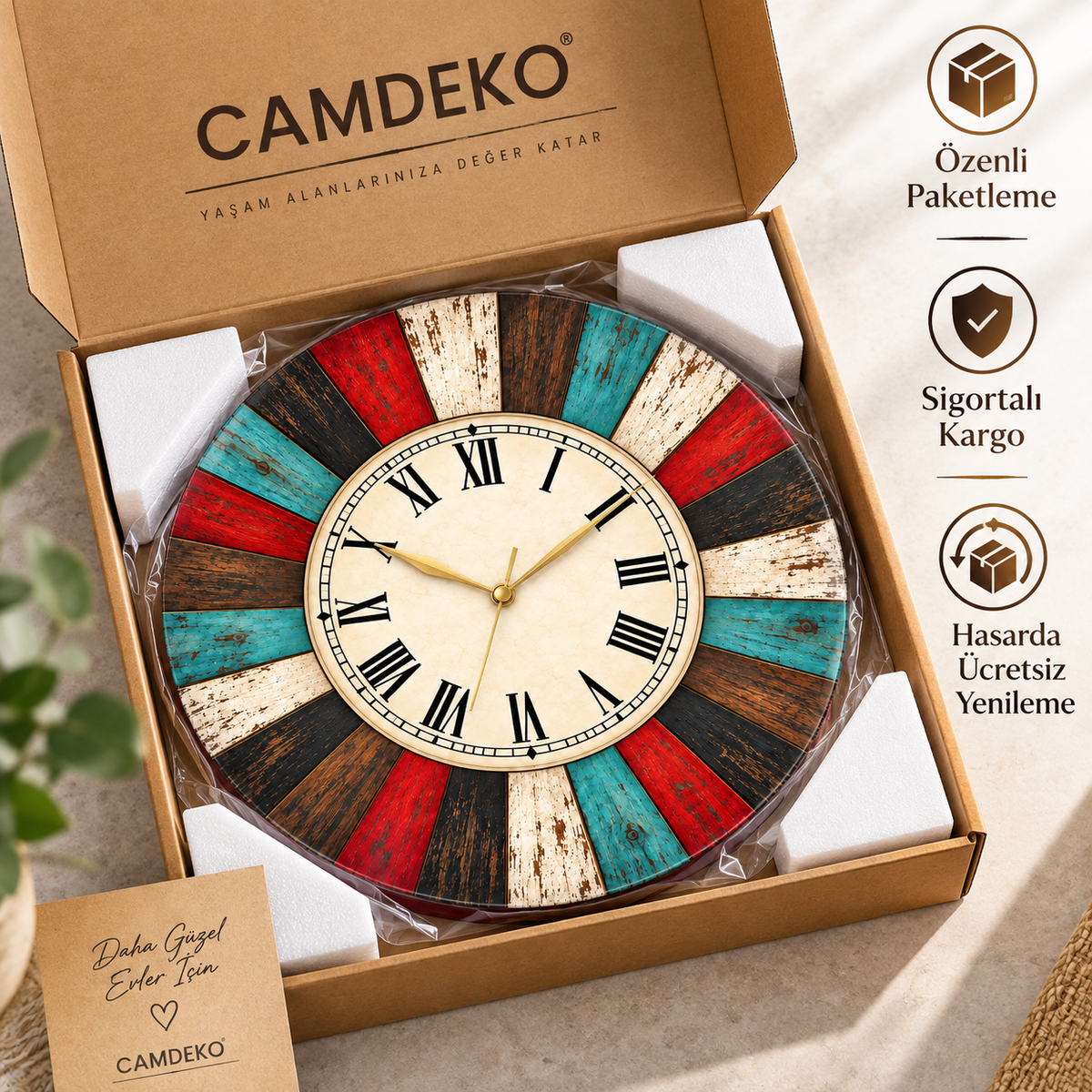CAMDEKO rustik renkli ahşap görünümlü cam saat özenli paketleme, sigortalı kargo ve hasarda ücretsiz yenileme