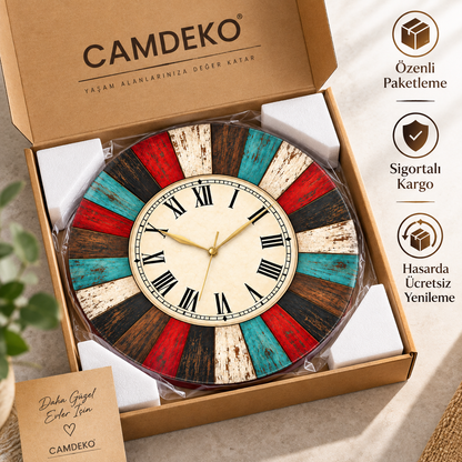 CAMDEKO rustik renkli ahşap görünümlü cam saat özenli paketleme, sigortalı kargo ve hasarda ücretsiz yenileme