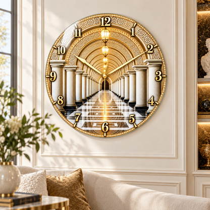 Gold kemerli sonsuz koridor desenli cam duvar saatinin premium salon görünümü