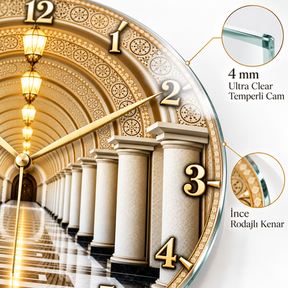 Gold koridor desenli cam saatte 4 mm Ultra Clear temperli cam ve ince rodajlı kenar detayı