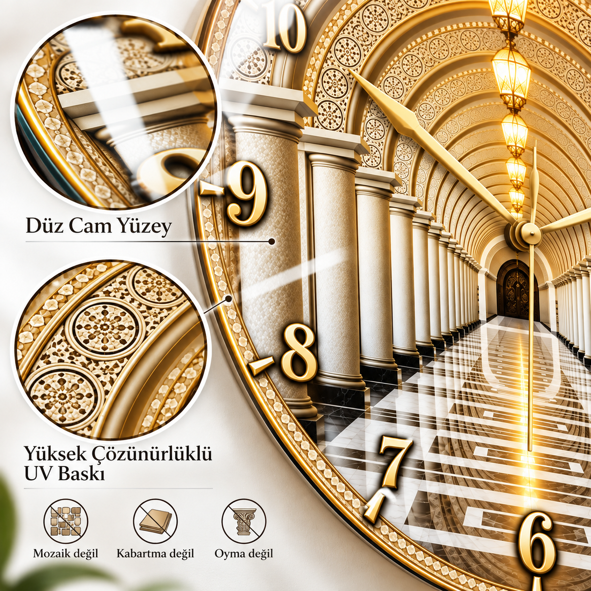 Gold koridor desenli saatte düz cam yüzey ve yüksek çözünürlüklü UV baskı; mozaik, kabartma ve oyma değildir