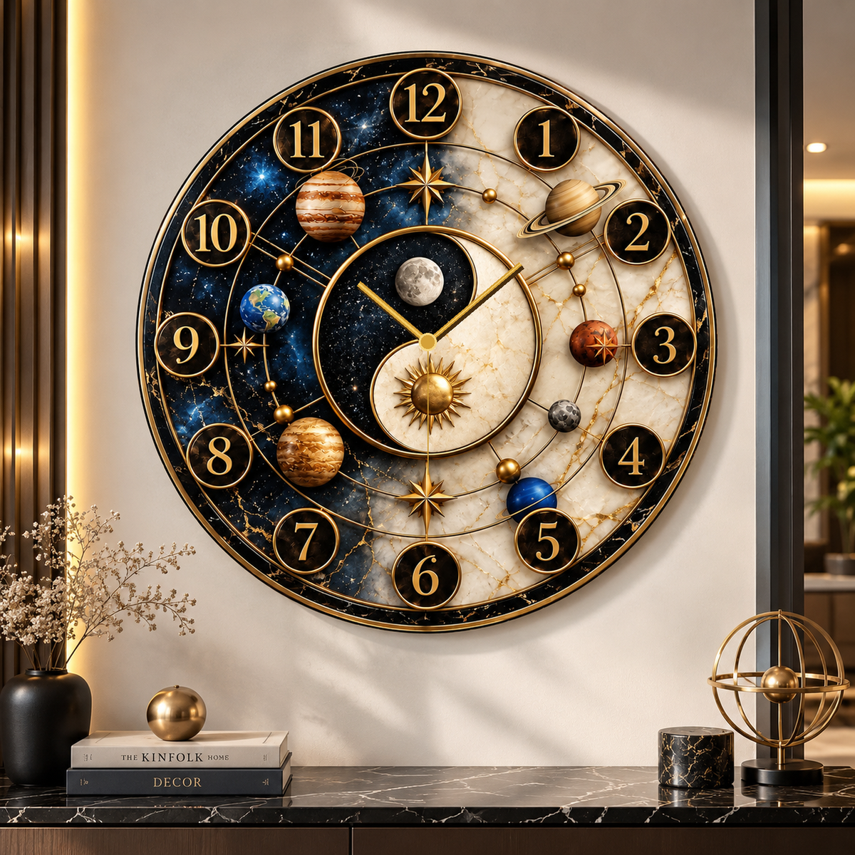 Yin Yang gezegen desenli cam duvar saatinin gold saat kollarıyla premium salon görünümü