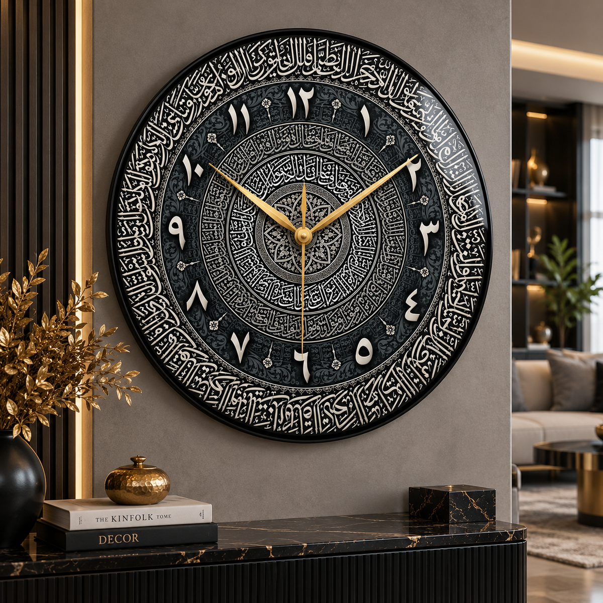Siyah gümüş Arapça hat sanatı cam duvar saati alternatif premium mekân