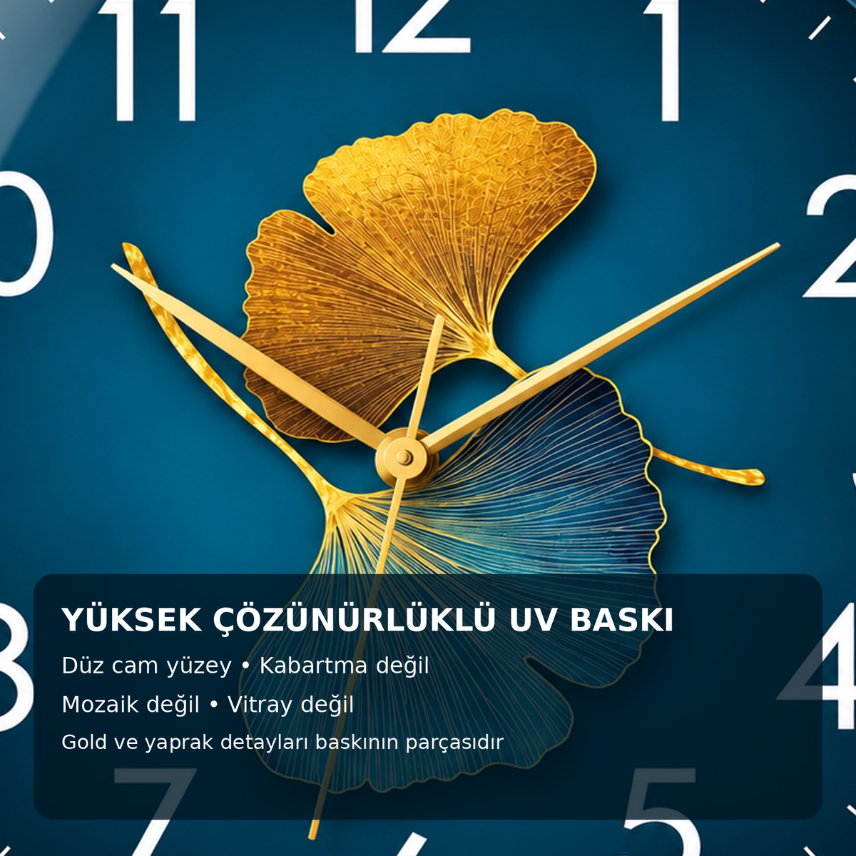 Lacivert Turkuaz Gold Ginkgo Yaprak Desenli Cam Duvar Saati