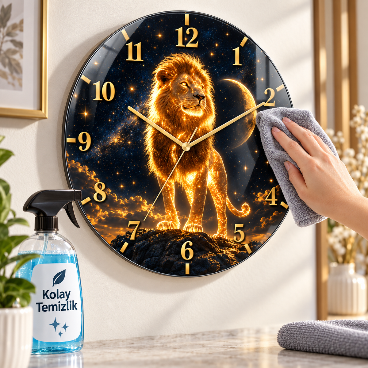 Yıldızlı altın aslan cam duvar saati kolay temizlik