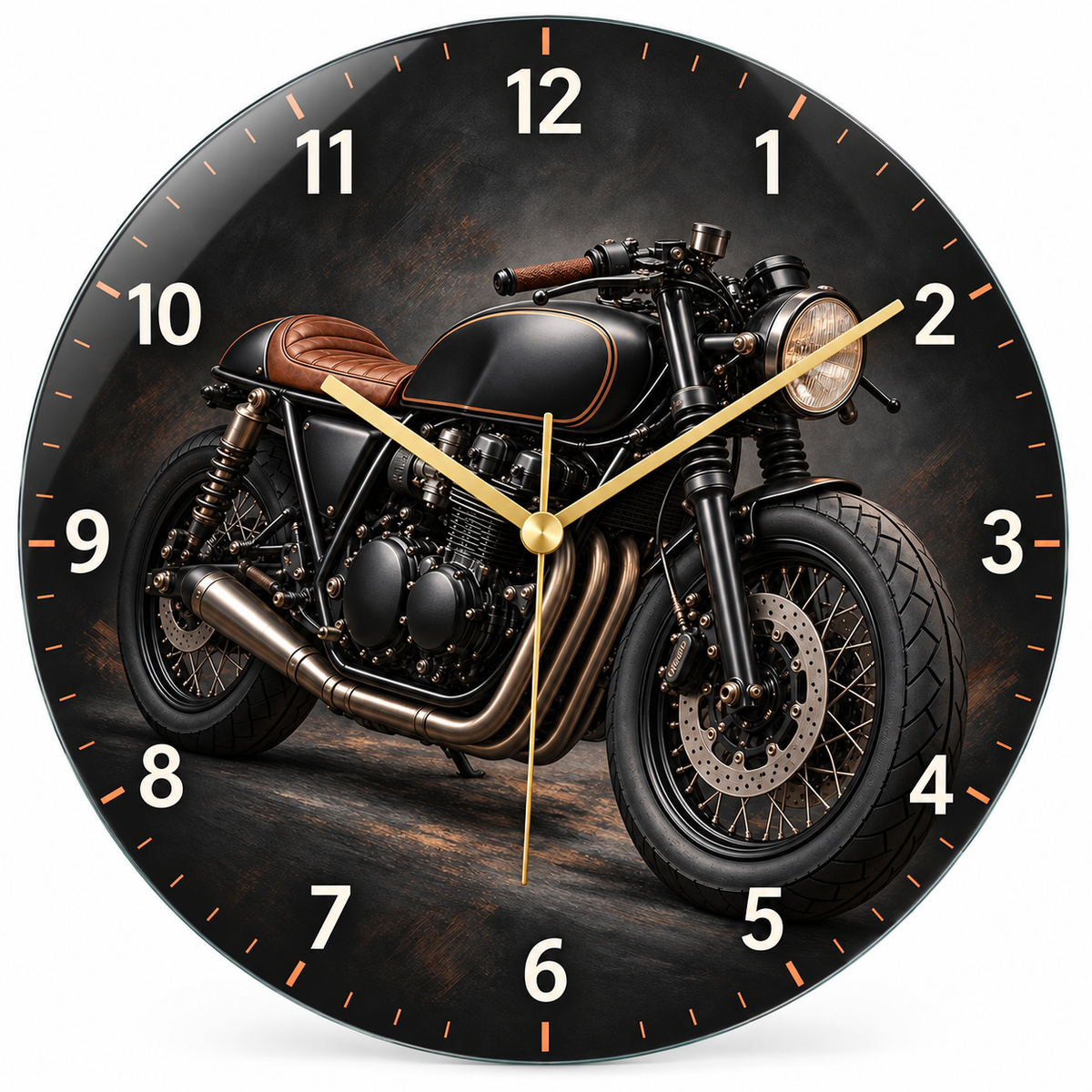 Siyah cafe racer motosiklet cam duvar saati beyaz zemin