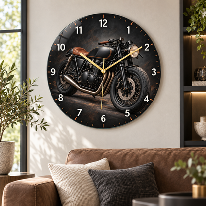 Siyah cafe racer motosiklet cam duvar saati premium salon